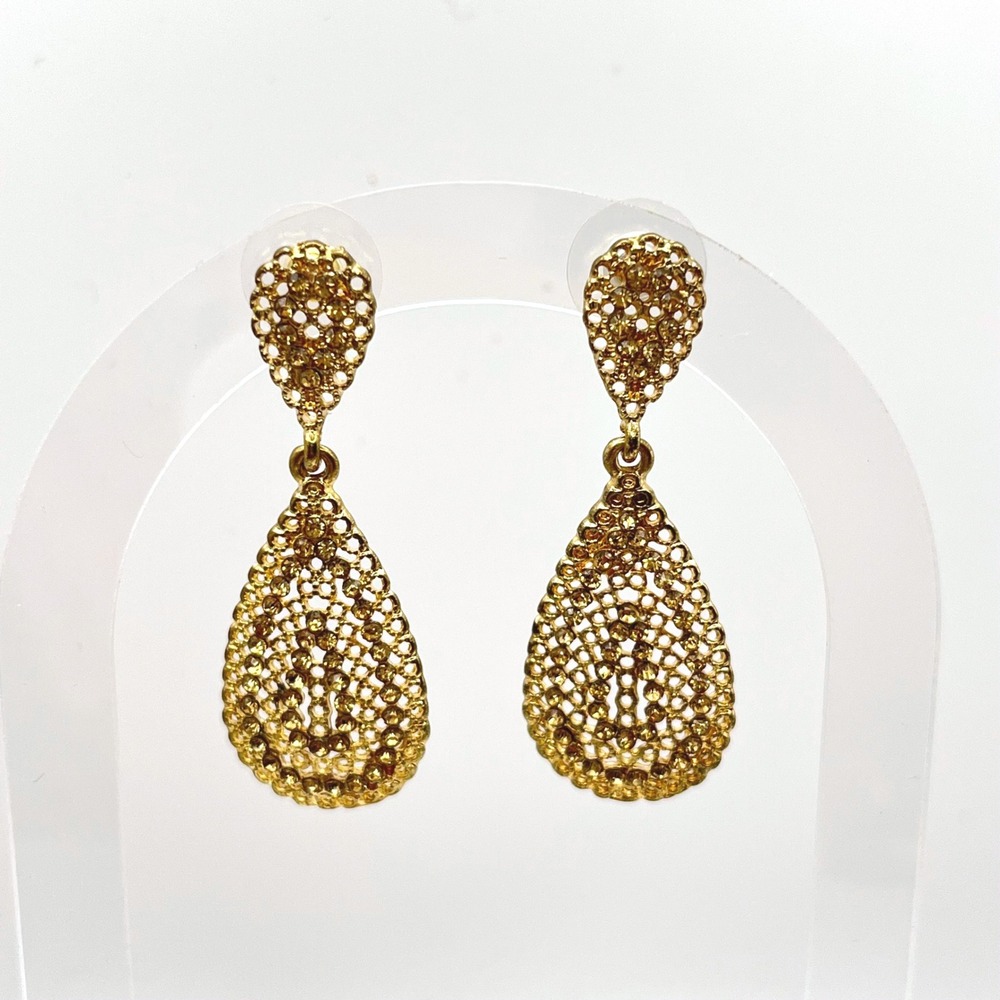 Gold Tone Filigree Teardrop Rhinestone Dangle Drop Earrings Vintage Style